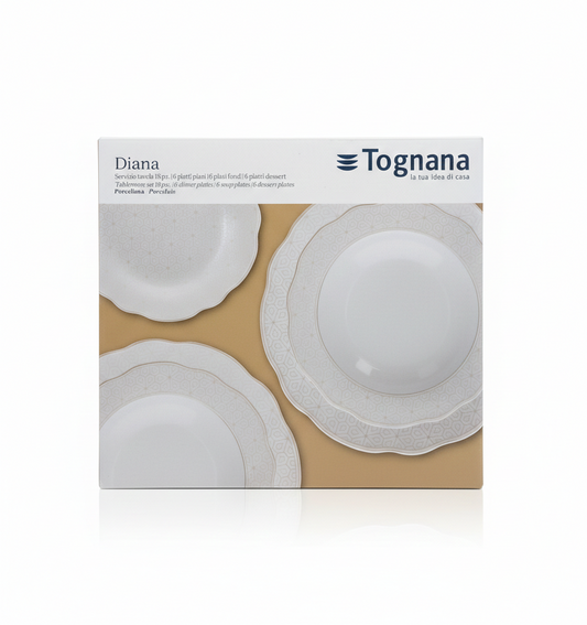 Tognana Servizio Piatti 18 Pezzi Diana | In Pregiata Porcellana con Decoro Geometrico e Bordo Festonato | Bianco e Tortora | Ideale per 6 Persone