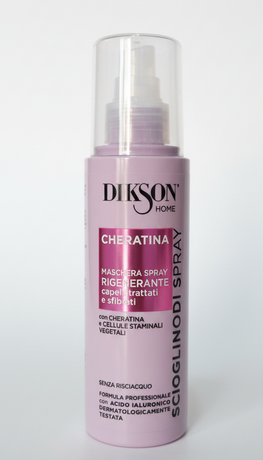 DIKSON Maschera Spray Rigenerante Scioglinodi 150 ml senza risciacquo, trattamento 10 in 1 per capelli trattati e sfibrati con cheratina, cellule staminali vegetali e acido ialuronico, formula leggera districante e rigenerante che scioglie i nodi istantaneamente e rende i capelli morbidi, luminosi e facilmente pettinabili.