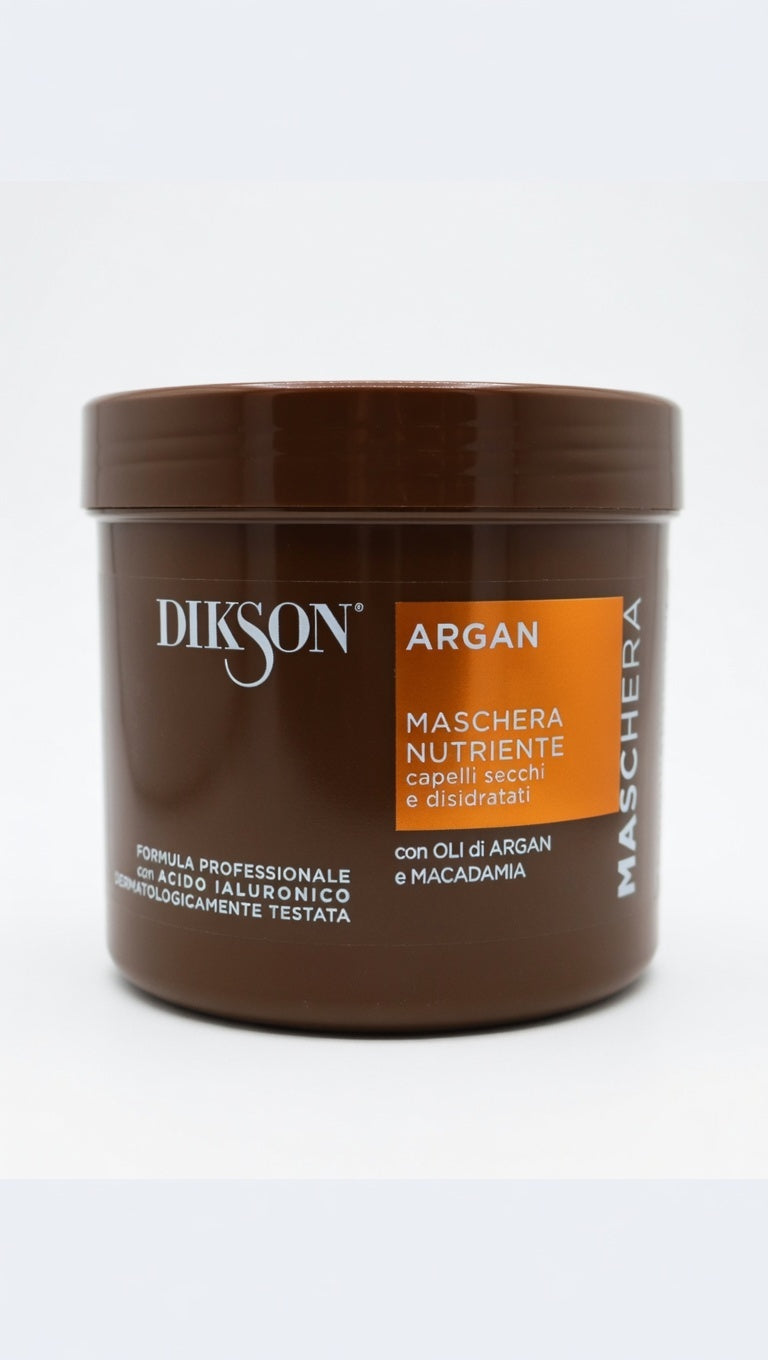 Dikson Maschera Nutriente Professionale 500 ml con argan, macadamia e acido ialuronico per capelli secchi, crespi e disidratati trattamento intensivo anti-crespo e idratante