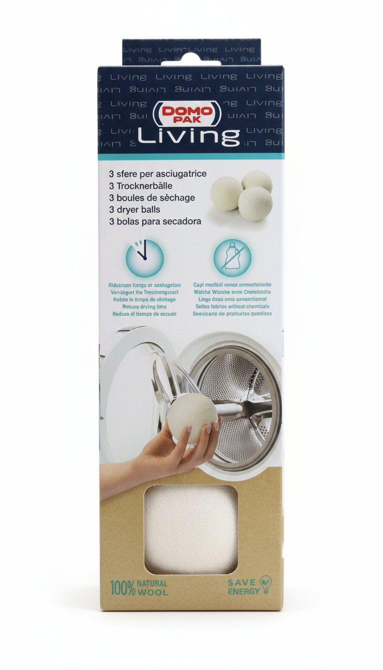 Domopak Living 3 Sfere per Asciugatrice in 100% Lana Naturale | Riduce i Tempi del 25% | Ammorbidente Naturale e Anti-Piega