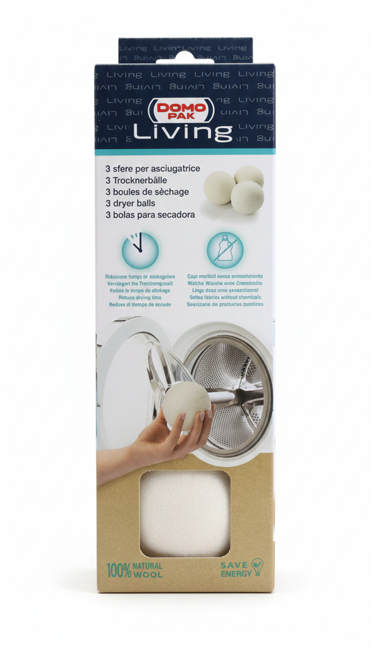 Domopak Living 3 Sfere per Asciugatrice in 100% Lana Naturale | Riduce i Tempi del 25% | Ammorbidente Naturale e Anti-Piega