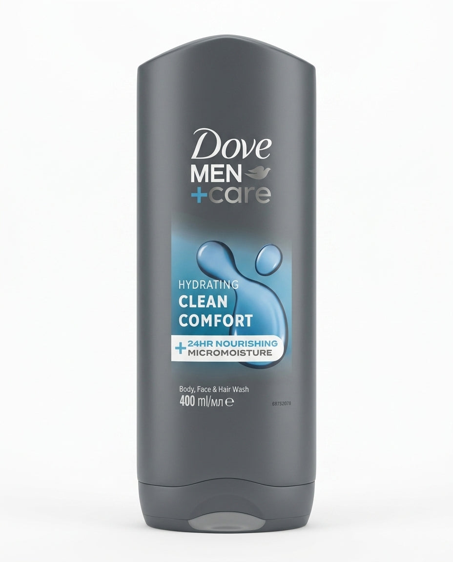 Dove Men+Care Hydrating Clean Comfort Gel Doccia 3 in 1 400 ml, per corpo, viso e capelli, con tecnologia MicroMoisture, idratazione e nutrizione fino a 24 ore, formula vegana dermatologicamente testata e PETA Approved.