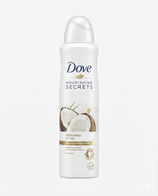Deodorante spray Dove Nourishing Secrets Restoring Ritual 250 ml, cocco e gelsomino, protezione 48 ore, 0% alcol con crema idratante.