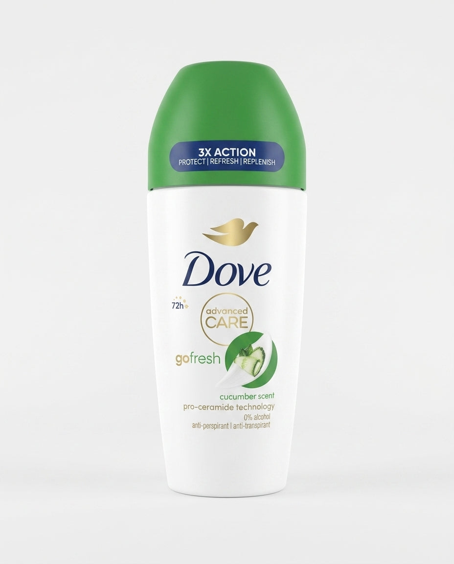 Dove Advanced Care Go Fresh Deodorante Roll-On 50 ml, antitraspirante fino a 72 ore, con profumo al cetriolo e Pro-Ceramide Technology, 0% alcool etilico, con azione 3X che protegge, rinfresca e reintegra, Made in UK.