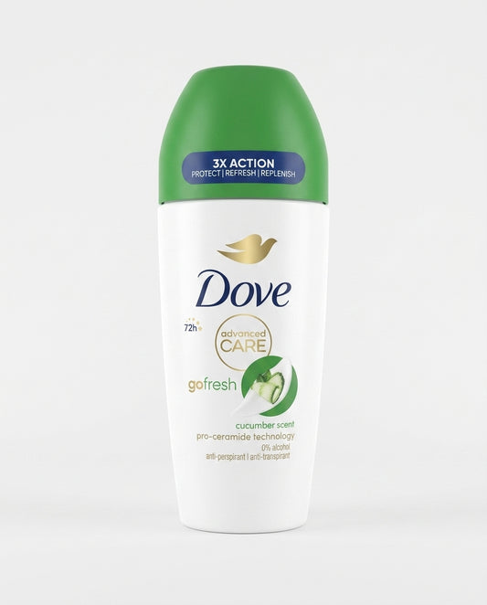 Dove Advanced Care Go Fresh Deodorante Roll-On 50 ml, antitraspirante fino a 72 ore, con profumo al cetriolo e Pro-Ceramide Technology, 0% alcool etilico, con azione 3X che protegge, rinfresca e reintegra, Made in UK.