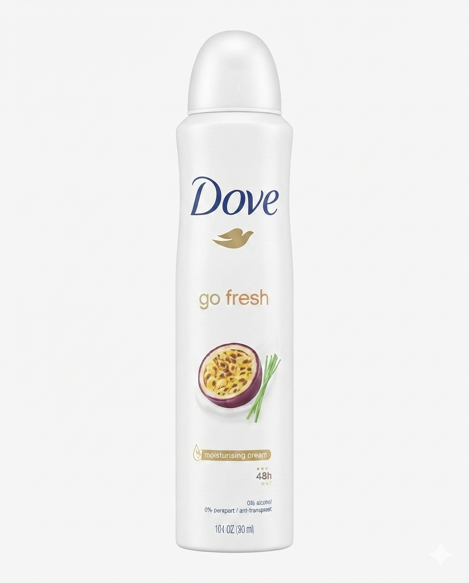 Deodorante spray Dove Go Fresh Passion Fruit 200 ml con protezione antitraspirante 48 ore, 0% alcol e 1/4 di crema idratante.