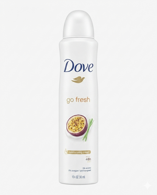 Deodorante spray Dove Go Fresh Passion Fruit 200 ml con protezione antitraspirante 48 ore, 0% alcol e 1/4 di crema idratante.