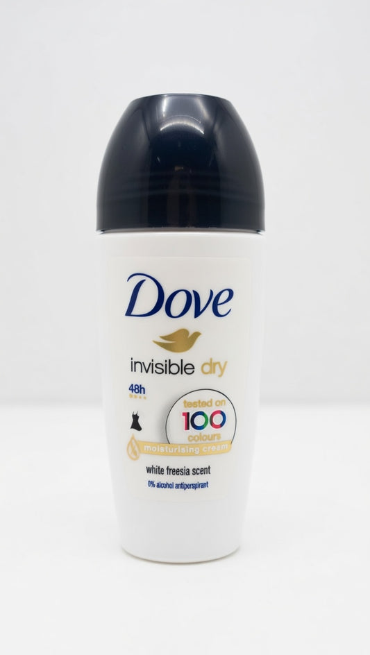 Dove Invisible Dry Roll-On White Freesia Scent 50ml – Deodorante Antimacchie su 100 Colori – 48 Ore di Protezione – 0% Alcool con Crema Idratante