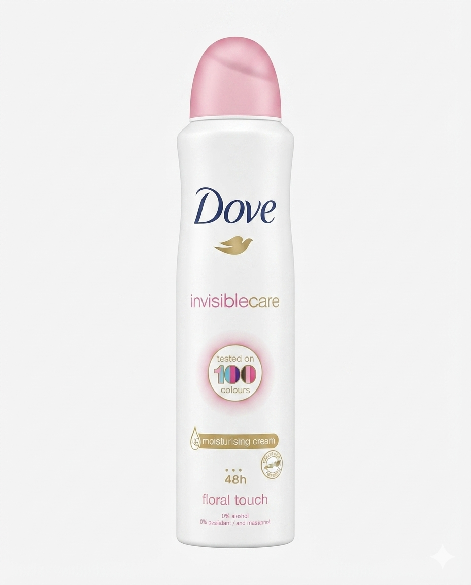 Deodorante spray Dove Invisible Care 250 ml, ninfea e rosa, protezione 48 ore anti-macchie testata su 100 colori, 0% alcol con crema idratante.