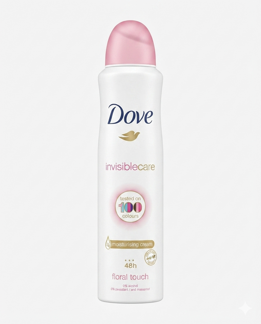 Deodorante spray Dove Invisible Care 250 ml, ninfea e rosa, protezione 48 ore anti-macchie testata su 100 colori, 0% alcol con crema idratante.