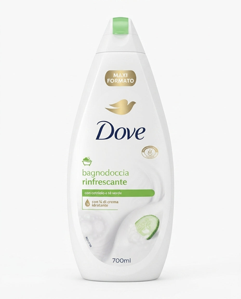 Dove Bagnodoccia Rinfrescante 700 ml, con cetriolo e tè verde e 1/4 di crema idratante, formula vegana dermatologicamente testata, per una pelle morbida e liscia, in bottiglia 100% plastica riciclata.