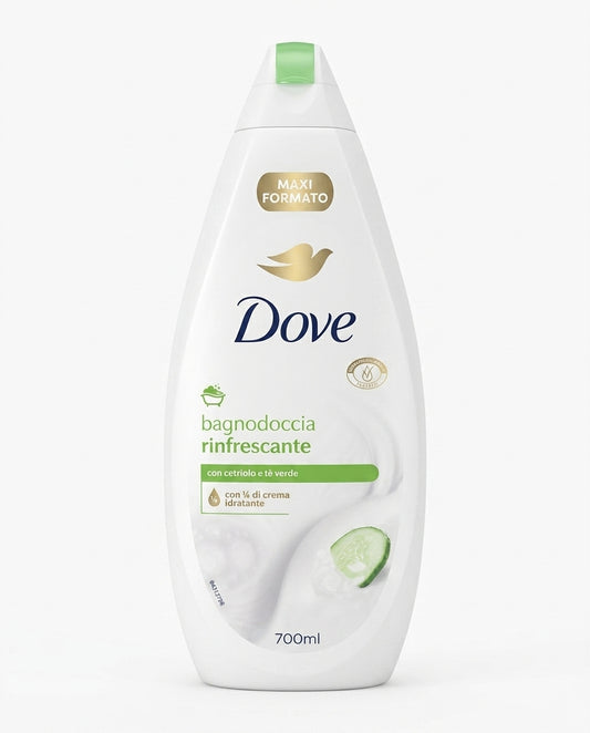 Dove Bagnodoccia Rinfrescante 700 ml, con cetriolo e tè verde e 1/4 di crema idratante, formula vegana dermatologicamente testata, per una pelle morbida e liscia, in bottiglia 100% plastica riciclata.