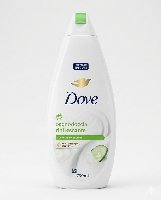 Dove Bagnodoccia Cetriolo e Tè Verde 750ml con 1/4 di crema idratante, detergente corpo rinfrescante per uso quotidiano. Formula nutriente che aiuta a mantenere la pelle morbida e idratata, arricchita con una fresca fragranza estiva al cetriolo e tè verde per una piacevole sensazione di freschezza.