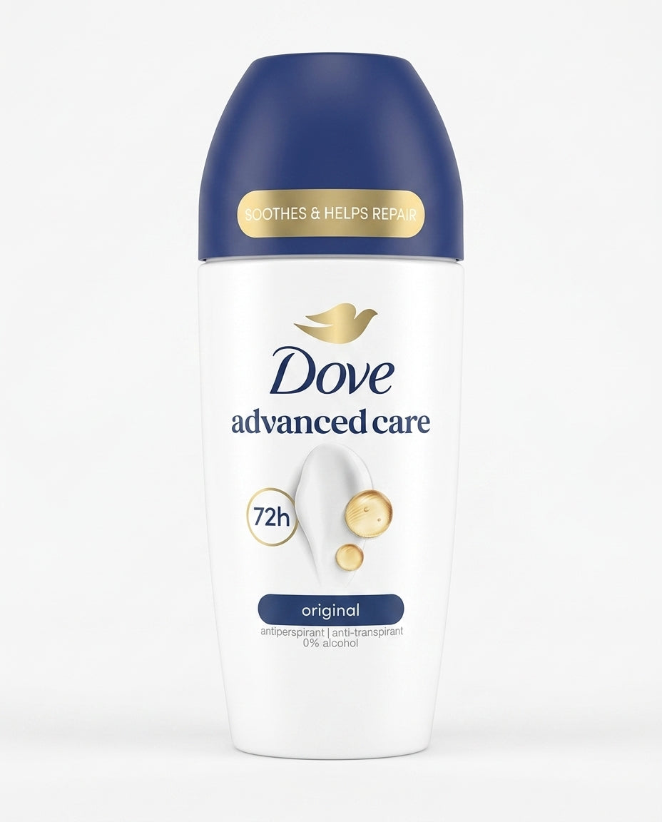 Dove Advanced Care Original Deodorante Roll-On 50 ml, antitraspirante fino a 72 ore, 0% alcool etilico, con olio di girasole e acido ialuronico, formulato per aiutare a lenire e riparare la pelle, Made in UK.