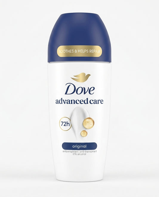 Dove Advanced Care Original Deodorante Roll-On 50 ml, antitraspirante fino a 72 ore, 0% alcool etilico, con olio di girasole e acido ialuronico, formulato per aiutare a lenire e riparare la pelle, Made in UK.