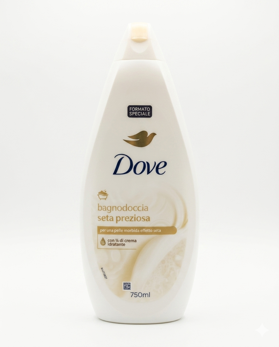 Dove Bagnodoccia Seta Preziosa 750ml con 1/4 di crema idratante, detergente corpo nutriente per una pelle morbida, vellutata e luminosa. Formula delicata che aiuta a mantenere l'idratazione naturale della pelle e dona un piacevole effetto seta dopo ogni doccia.