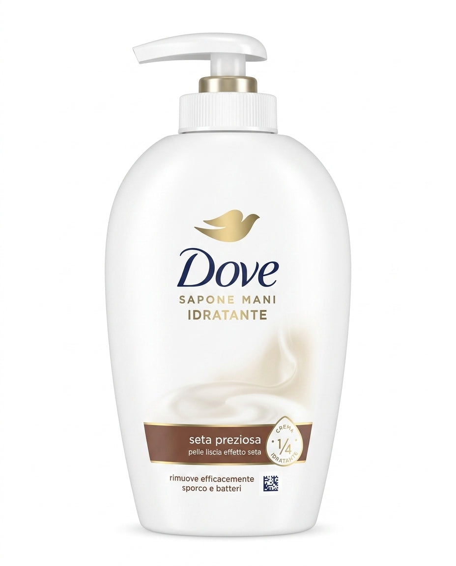 Dove Sapone Mani Idratante Seta Preziosa 250 ml, sapone liquido con 1/4 di crema idratante, formula vegana e bottiglia 100% plastica riciclata, per mani morbide e lisce effetto seta.