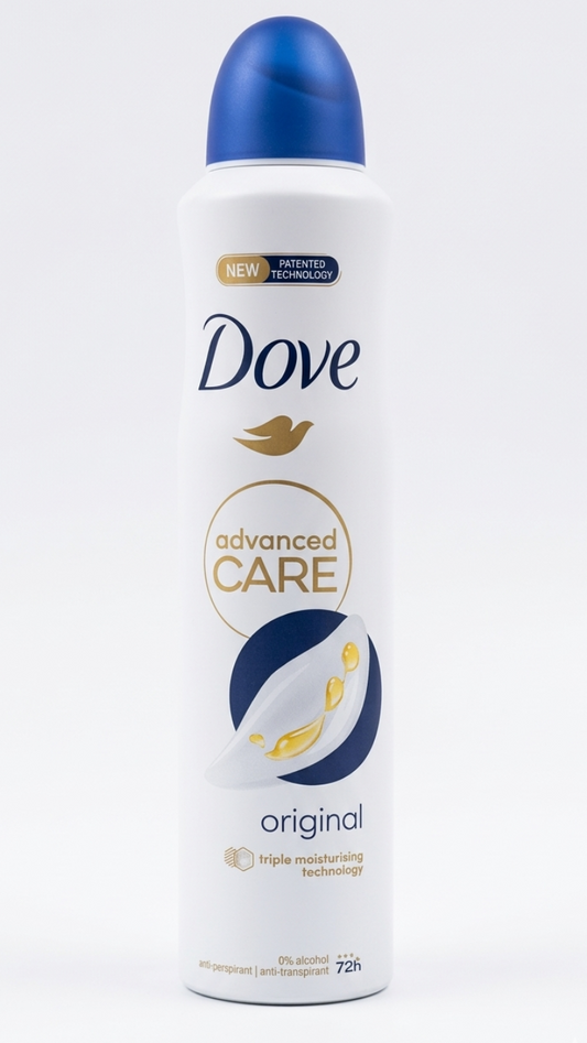 Dove Deodorante Spray Original 250 ml con 1/4 di crema idratante, protezione antitraspirante 48 ore e formula 0% alcol.