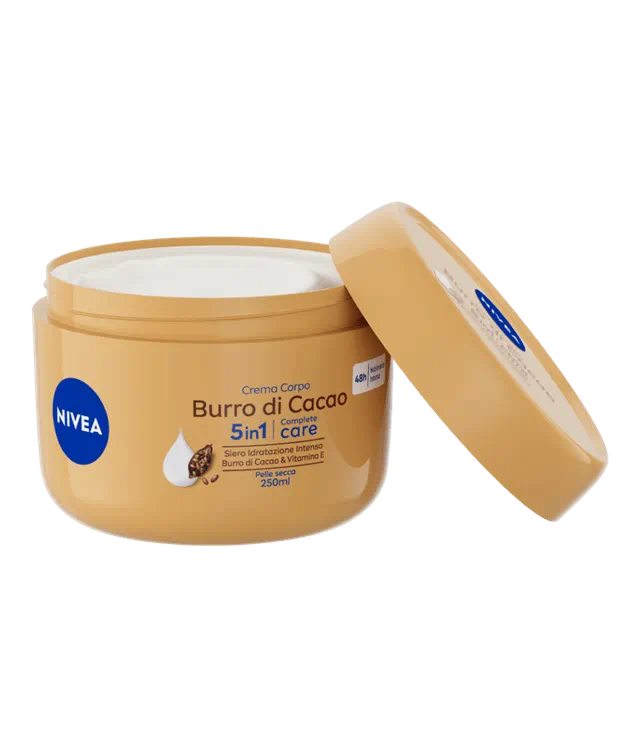 NIVEA Crema Corpo Burro di Cacao 250 ml | Idratazione Intensa 5 in 1 (48h) | Pelle Secca | Con Vitamina E & Siero NIVEA – Nutrimento Profondo