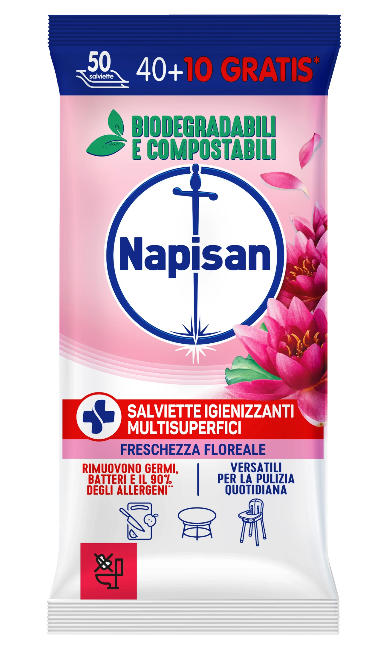 Napisan Salviette Igienizzanti Multisuperfici Freschezza Floreale 50 Pezzi (40+10 Gratis) | Biodegradabili e Compostabili