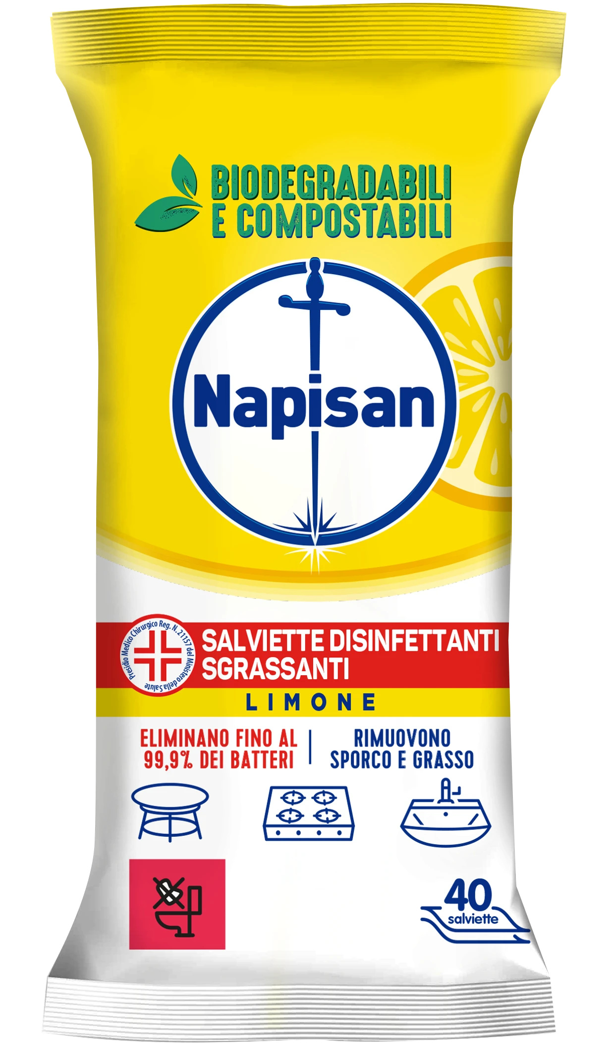 Napisan salviette disinfettanti limone 40 pezzi sgrassanti biodegradabili eliminano 99,9% batteri senza risciacquo.