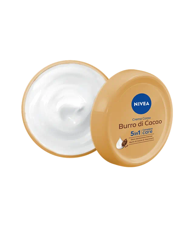 NIVEA Crema Corpo Burro di Cacao 250 ml | Idratazione Intensa 5 in 1 (48h) | Pelle Secca | Con Vitamina E & Siero NIVEA – Nutrimento Profondo