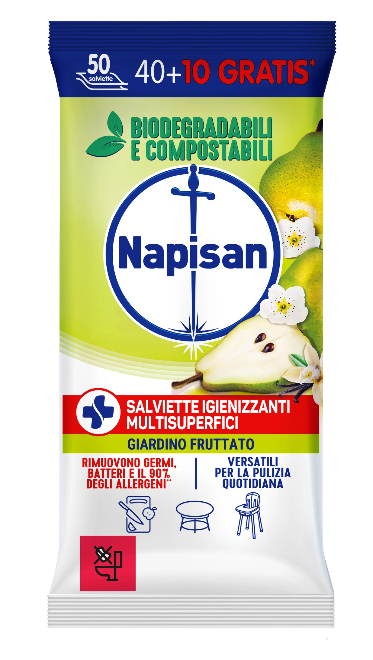 Napisan Salviette Igienizzanti Multisuperfici Giardino Fruttato 50 Pezzi (40+10 Gratis) | Biodegradabili e Compostabili