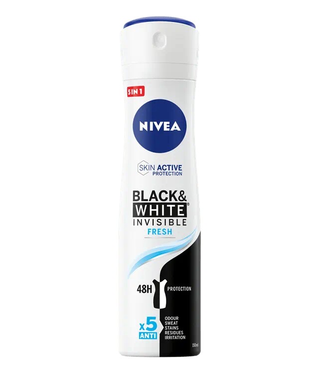 NIVEA Black & White Invisible Fresh Spray 150ml | Protezione 5in1 Anti-Macchie | Anti-Traspirante 48h | Zero Residui & Freschezza Intensa