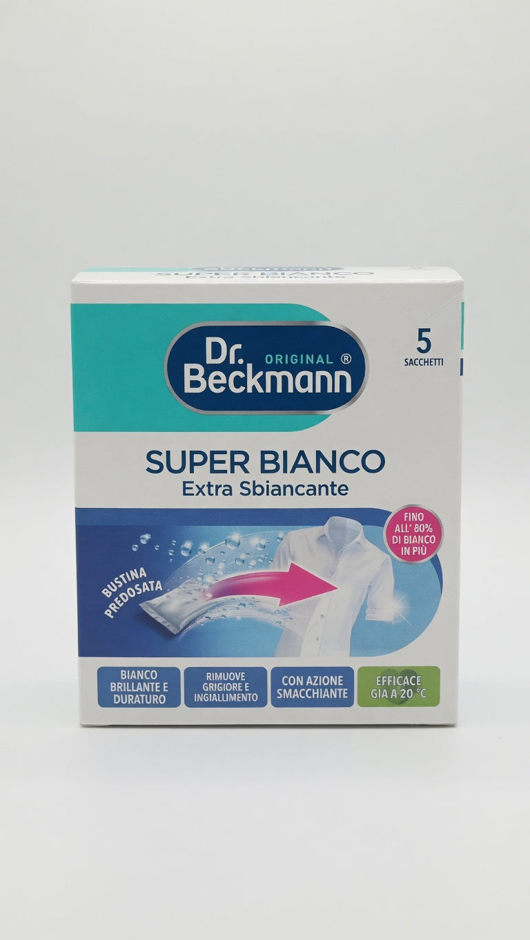 Dr. Beckmann Super Bianco Extra Sbiancante, additivo per bucato con azione anti-ingiallimento e anti-ingrigimento, confezione da 5 sacchetti predosati, efficace già a 20°C.