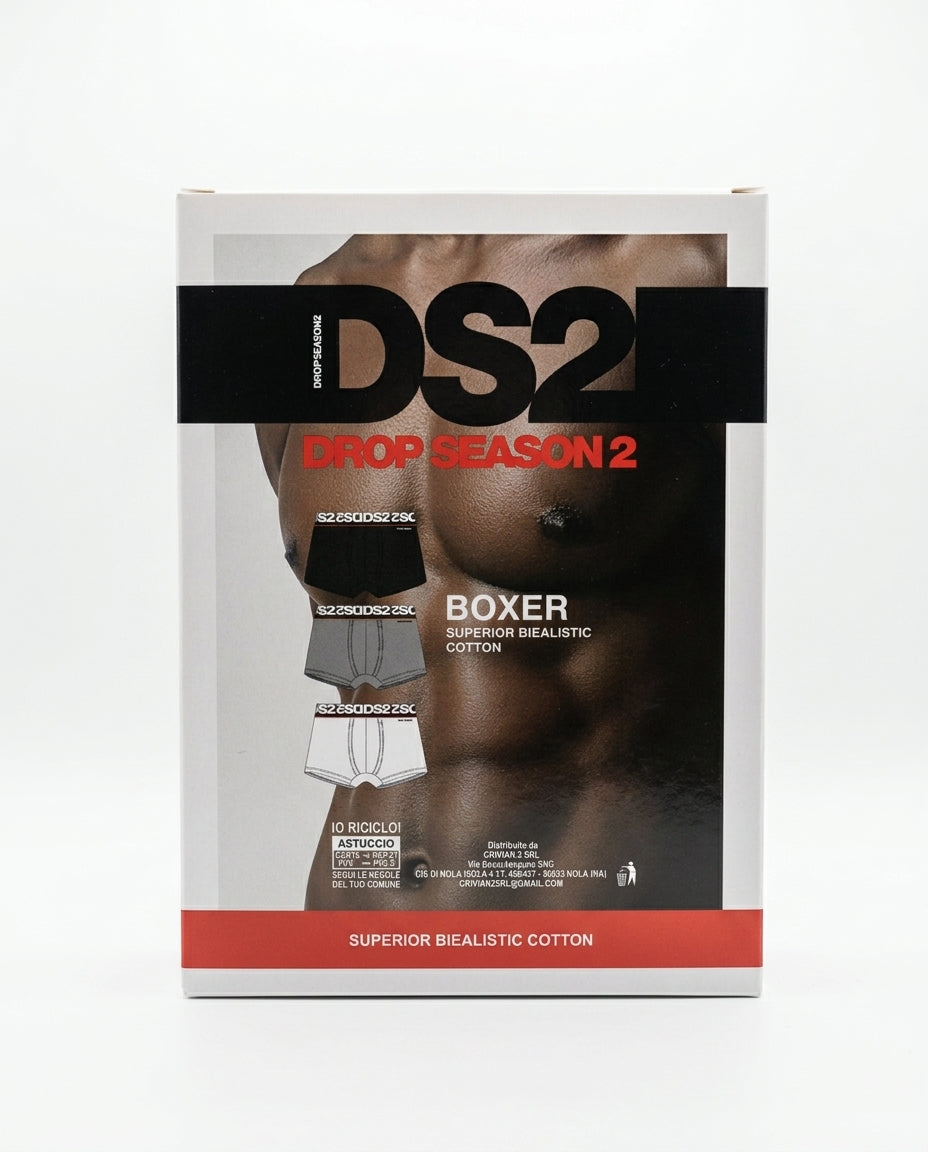 DS2 Boxer Uomo 3 Pezzi modello DSU0107, intimo uomo in cotone bielastico 95% cotone e 5% elastan, multipack nero, grigio e bianco, disponibile dalle taglie 3S a 7XL, con colori assortiti non selezionabili.