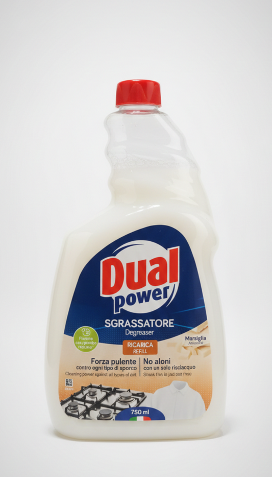 Dual Power Sgrassatore Universale Ricarica 750ml | Formula Ultra Potente Senza Aloni | Eco-Refill con Plastica Riciclata | Profumo Marsiglia