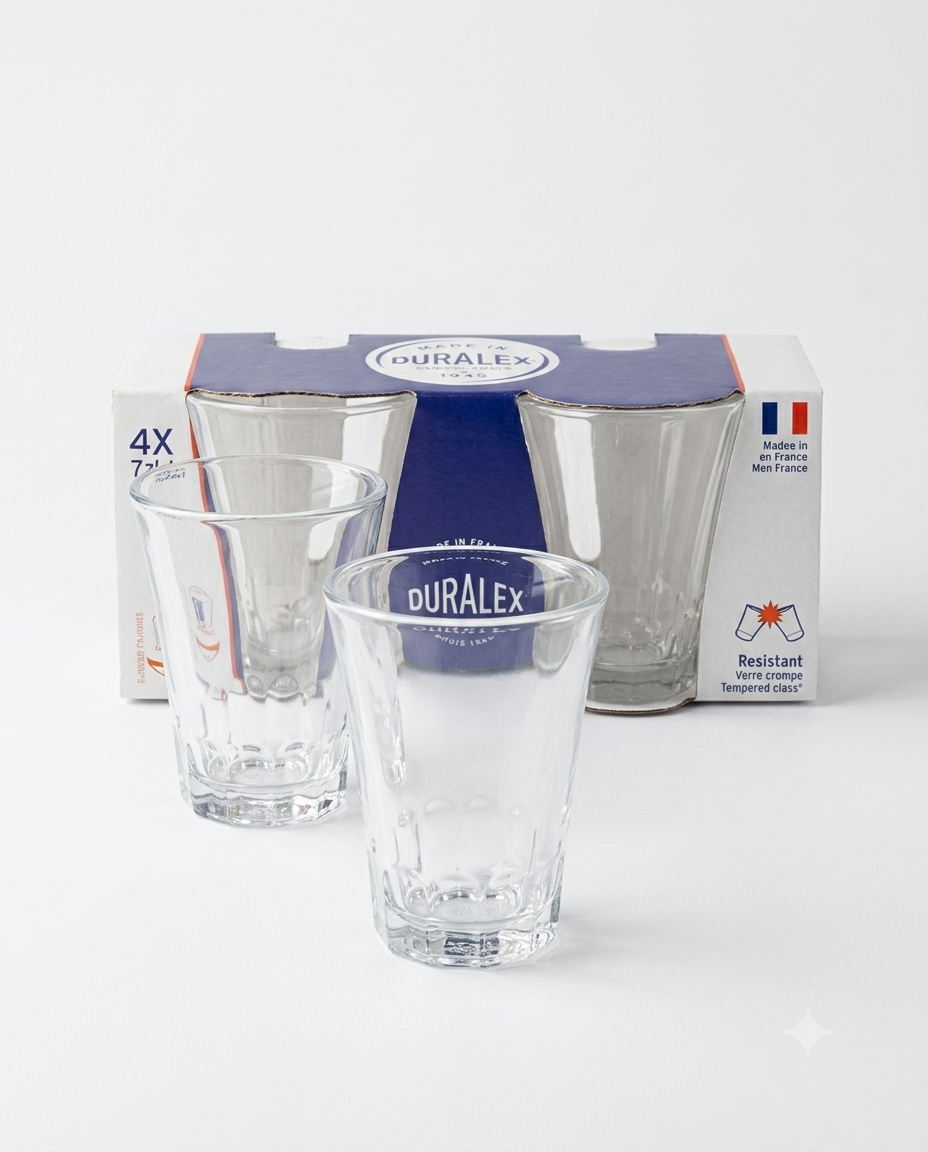 Duralex Amalfi set 4 tazzine in vetro trasparente temperato da 7 cl, adatte a bevande calde e fredde.