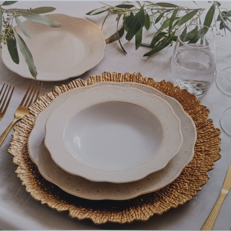 Tognana Servizio Piatti 18 Pezzi Diana | In Pregiata Porcellana con Decoro Geometrico e Bordo Festonato | Bianco e Tortora | Ideale per 6 Persone