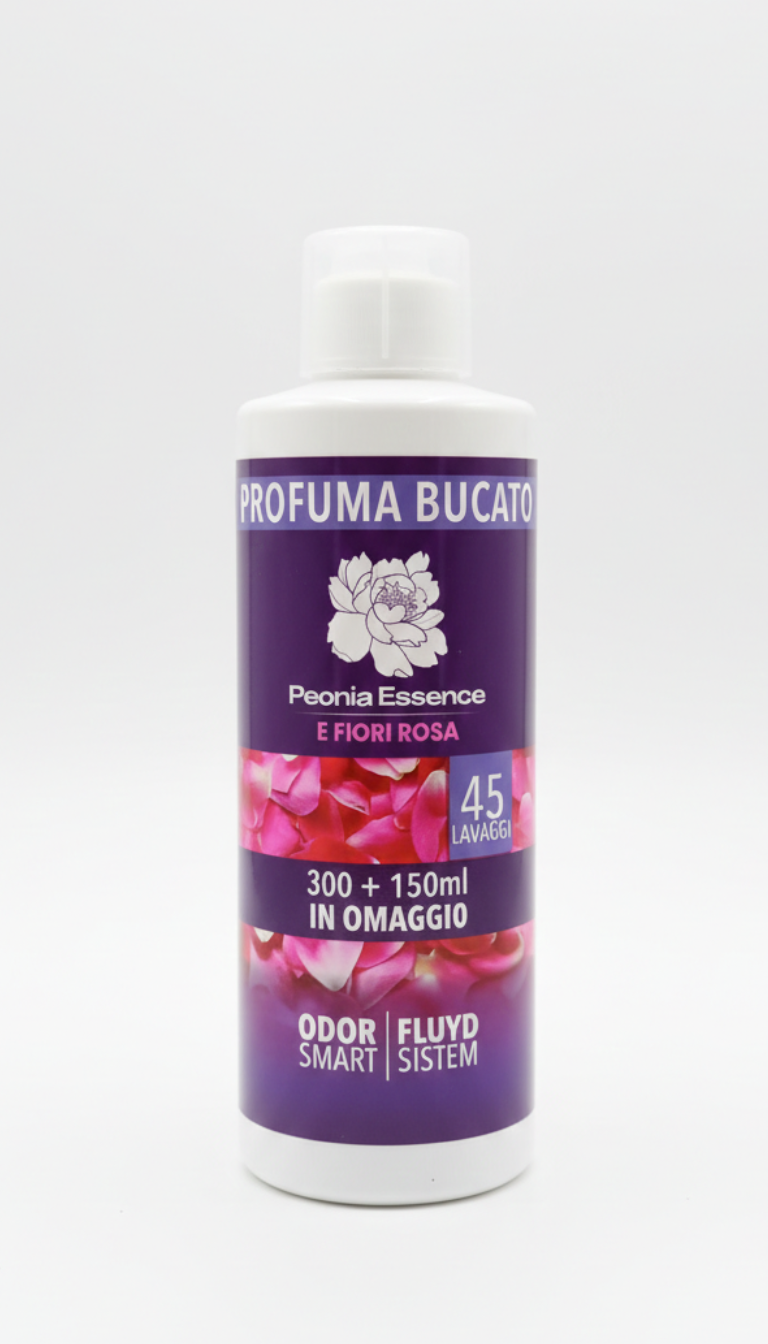 Peonia Essence Profuma Bucato Concentrato 450ml | Tecnologia OdorSmart & Molecola Stira Facile | 4 Fragranze Persistenti | 45 Lavaggi