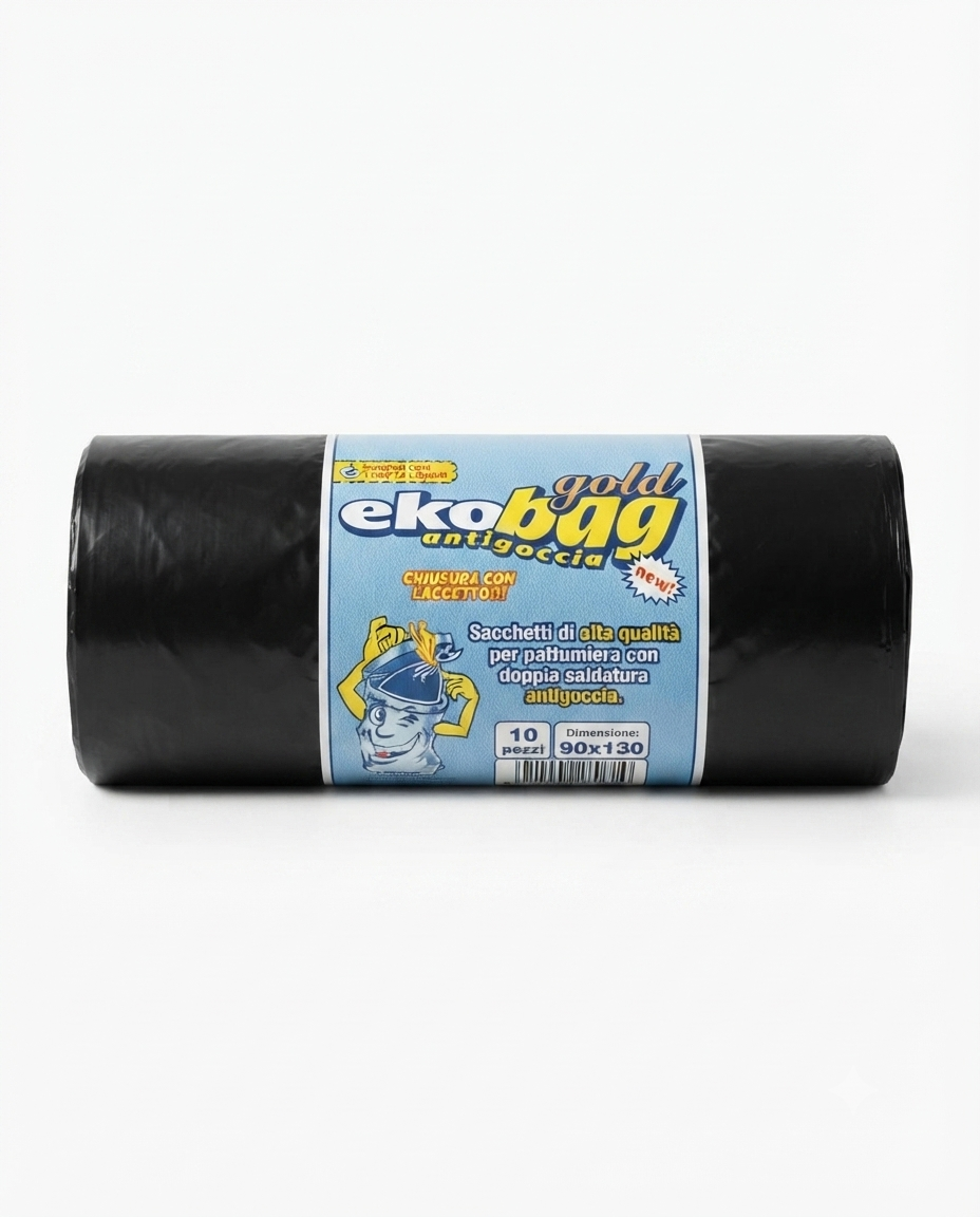 ekoBag Gold Antigoccia Sacchi Pattumiera 90x120 cm, confezione da 10 sacchetti maxi con laccetti, resistenti e antigoccia, ideali per rifiuti pesanti e bidoni di grande capacità.