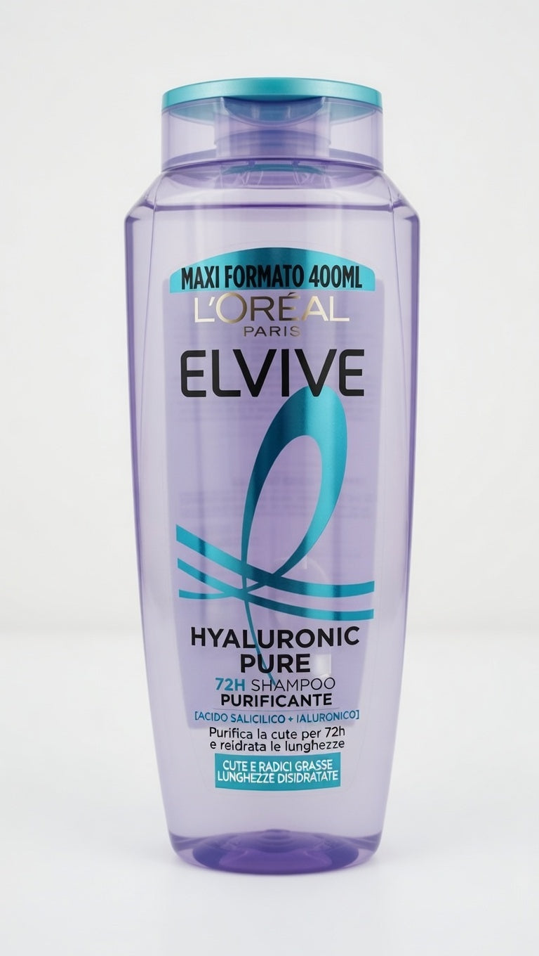 L'Oréal Elvive Shampoo Hyaluronic Pure Purificante Maxi 400ml – Con Acido Salicilico per Cute Grassa e Lunghezze Disidratate