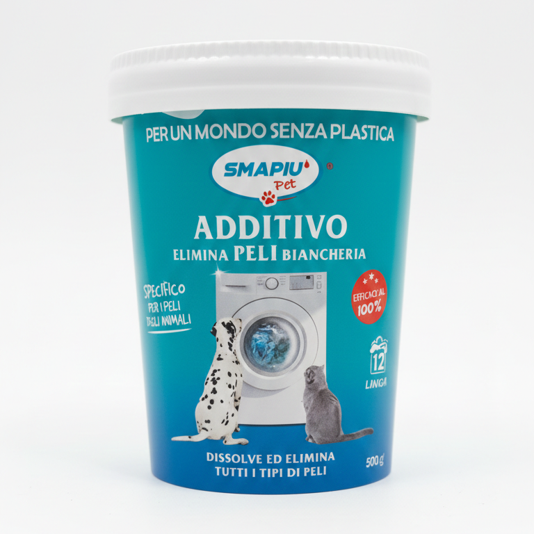 SMAPIÙ confezione di additivo per lavatrice sciogli-peli da 500g, in pack di carta plastic-free, prodotto per rimuovere peli di cane e gatto dai tessuti durante il lavaggio, con indicazione di azione igienizzante all’ossigeno attivo e uso per bucato domestico.
