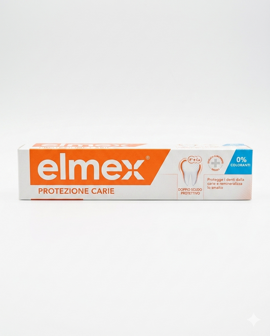 Elmex Protezione Carie Dentifricio 75 ml con fluoruro amminico e doppio scudo protettivo, aiuta a remineralizzare lo smalto, protegge attivamente dalla carie e contribuisce a mantenere denti forti e sani ogni giorno.