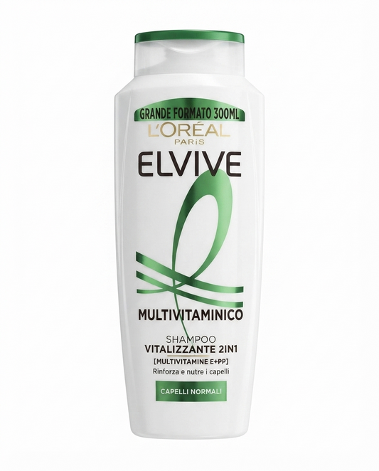 L'Oréal Paris Elvive Multivitaminico Shampoo Vitalizzante 2in1 300 ml, per capelli normali con Vitamine E e PP, deterge, rinforza e illumina i capelli lasciandoli morbidi e vitali.