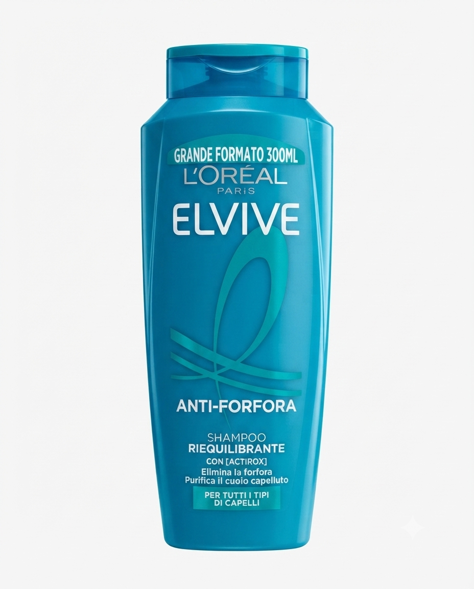 L'Oréal Paris Elvive Anti-Forfora shampoo riequilibrante 300 ml con piroctone olamine e mentolo.