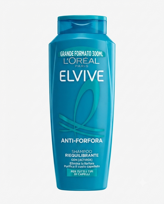 L'Oréal Paris Elvive Anti-Forfora shampoo riequilibrante 300 ml con piroctone olamine e mentolo.