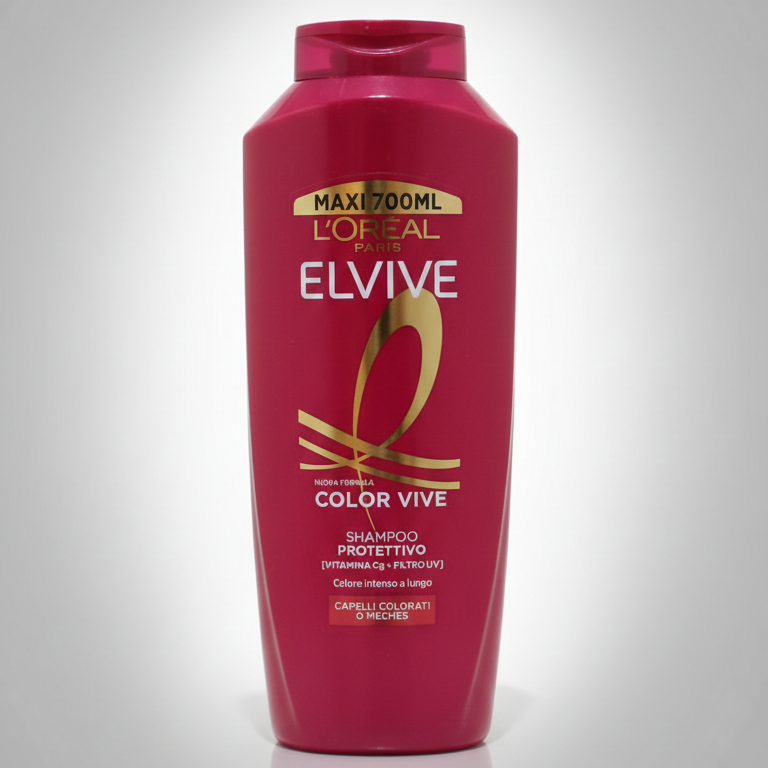 L'Oréal Paris Elvive Color Vive shampoo 700ml in formato maxi, flacone rosso per capelli colorati, con tecnologia proteggi colore ed effetto sigillante, indicato per preservare la brillantezza e ridurre lo sbiadimento fino a 28 lavaggi, con filtri UV e nutrimento leggero per capelli trattati.