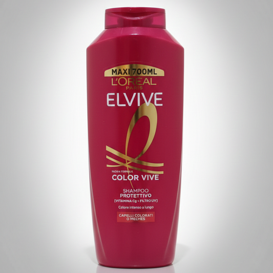 L'Oréal Paris Elvive Color Vive shampoo 700ml in formato maxi, flacone rosso per capelli colorati, con tecnologia proteggi colore ed effetto sigillante, indicato per preservare la brillantezza e ridurre lo sbiadimento fino a 28 lavaggi, con filtri UV e nutrimento leggero per capelli trattati.