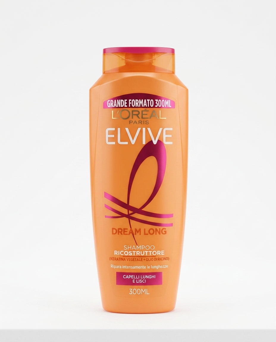 L'Oréal Elvive Dream Long Shampoo Ricostruttore 300 ml, con cheratina vegetale e olio di ricino, formulato per capelli lunghi e lisci, aiuta a riparare le lunghezze e proteggere le punte, con flacone contenente plastica riciclata.