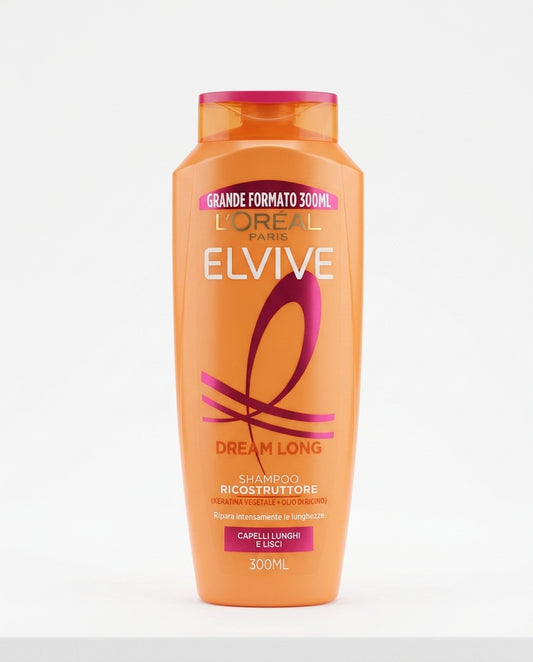 L'Oréal Elvive Dream Long Shampoo Ricostruttore 300 ml, con cheratina vegetale e olio di ricino, formulato per capelli lunghi e lisci, aiuta a riparare le lunghezze e proteggere le punte, con flacone contenente plastica riciclata.