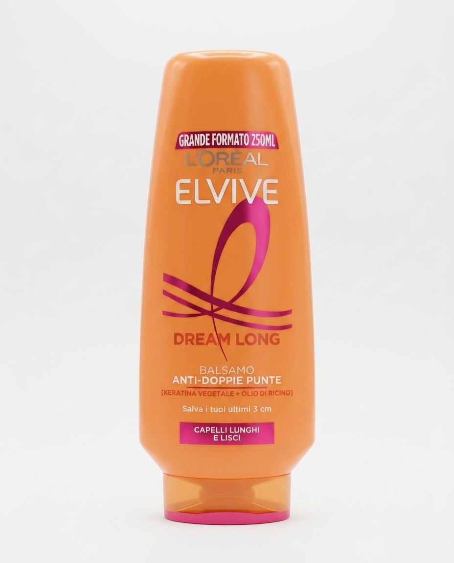 L'Oréal Paris Elvive Dream Long Balsamo Anti-Doppie Punte 250 ml, per capelli lunghi e danneggiati, con cheratina vegetale e olio di ricino, formulato per proteggere le ultime 3 cm.