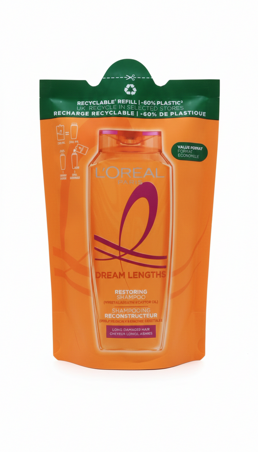 L'Oréal Elvive Shampoo Dream Long Eco-Ricarica 250 ml con cheratina vegetale e olio protettivo per capelli lunghi danneggiati formato sostenibile riduce l'uso di plastica