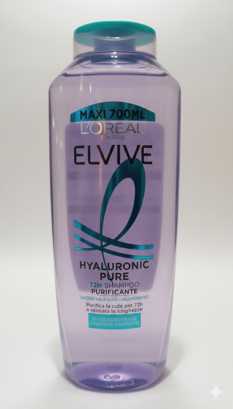 L'Oréal Paris Elvive Hyaluronic Pure shampoo 700ml con acido salicilico e acido ialuronico, trattamento purificante per cute grassa e idratante per punte secche con azione riequilibrante e 72h di freschezza e leggerezza