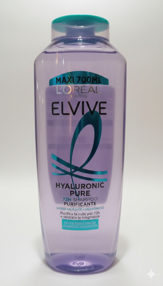 L'Oréal Paris Elvive Hyaluronic Pure shampoo 700ml con acido salicilico e acido ialuronico, trattamento purificante per cute grassa e idratante per punte secche con azione riequilibrante e 72h di freschezza e leggerezza