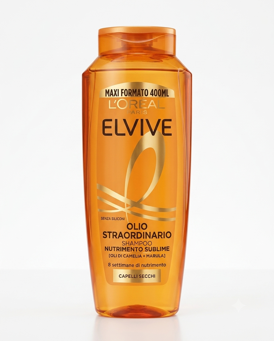 L'Oréal Paris Elvive Shampoo Olio Straordinario 400ml con oli di camelia e marula, shampoo nutriente per capelli secchi, crespi e sfibrati, formula senza siliconi, morbidezza, lucentezza e nutrimento intenso.